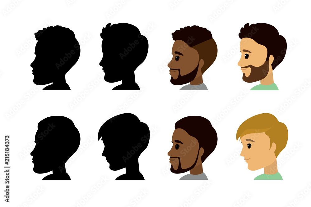 Set of cartoon male head in profile and silhouette Stock Vector | Adobe