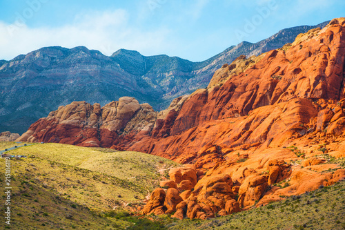 Red Rock Canyon near Las Vegas, Nevada. Views from Red Rock Canyon, Nevada. Rocky desert landscape at sunset, Red Rock Canyon National Recreation Area, Las, Vegas, Nevada, USA. photo