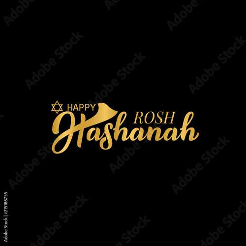 Rosh Hashanah. Jewish New Year. Hand lettering illustration for banner, flyer, print material, sticker, typography, poster, greeting card, postcard, logo. Calligraphy of gold color. Vector