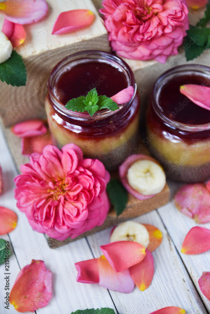 desert chia pudding. tea rose with banana. art soft focus