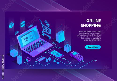 Vector 3d isometric template of e-commerce site, online store page with buton. Shopping service, payment by smartphone or laptop and delivery. Illustration in violet, ultraviolet colors.