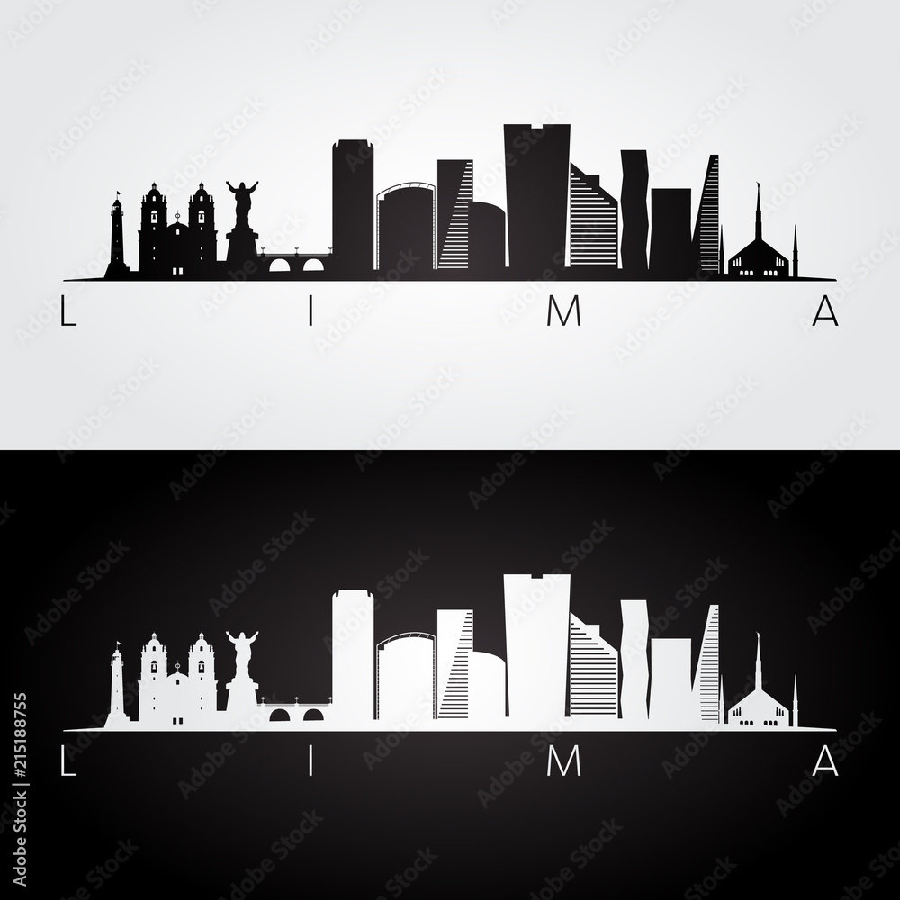 Lima skyline and landmarks silhouette, black and white design, vector illustration.