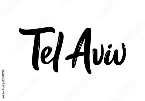Tel Aviv handwritten calligraphy name of Israel capital. Hand drawn brush calligraphy. Vector Design Template.