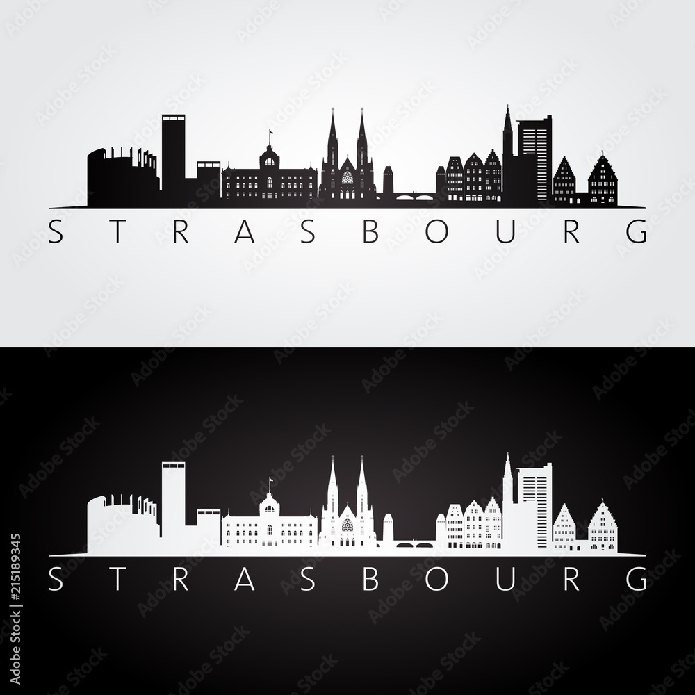 Obraz Strasburska linia horyzontu i punkt zwrotny sylwetka, czarny i biały projekt, wektorowa ilustracja.