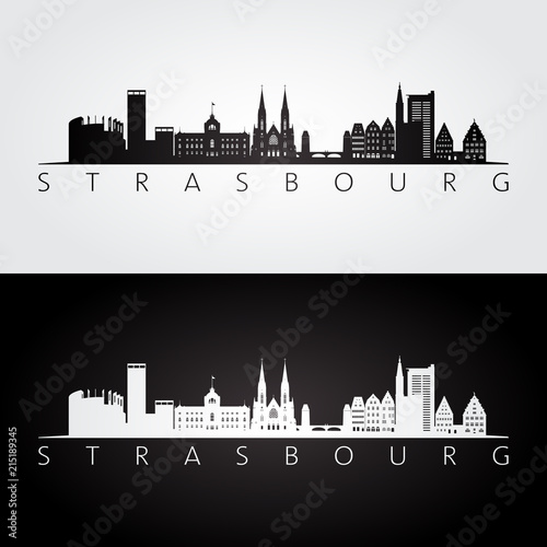 Strasbourg skyline and landmarks silhouette, black and white design, vector illustration.