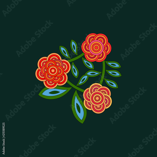 Stylized retro flowers peonies or roses in red green shades