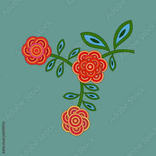 Stylized retro flowers peonies or roses in red green shades