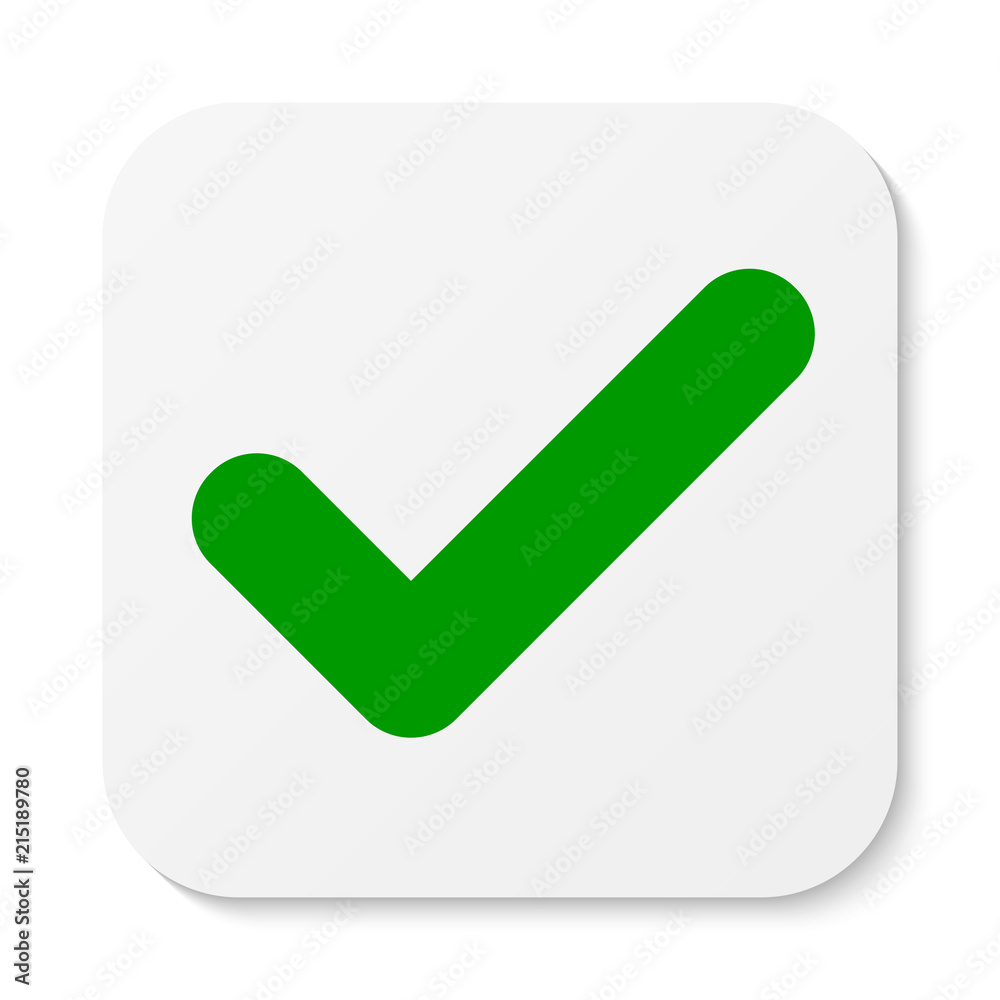 Flat white square sticker check mark icon, button. Tick symbol isolated on white background. Flat white square sticker check mark icon, button. Tick symbol isolated on white background.