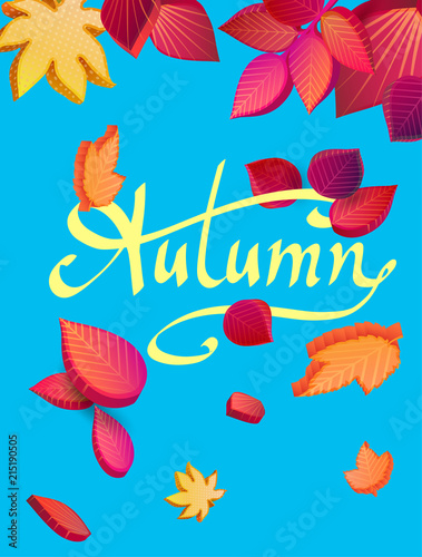 Blue autumn background with beautiful 3d leaves.