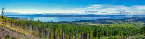 Panoramic view of Ladysmith shoreline from top of a mountain, Vancouver Island, BC, Canada