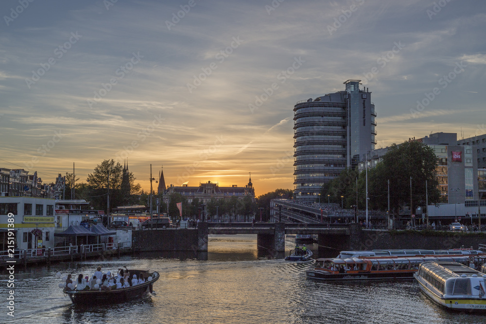 Naklejka premium Amsterdam, Netherlands - July 02, 2018: View of modern buildings on Amsterdam's embankment
