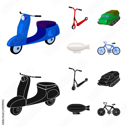 Motorcycle, scooter, armored personnel carrier, aerostat types of transport. Transport set collection icons in cartoon,black style vector symbol stock illustration web.
