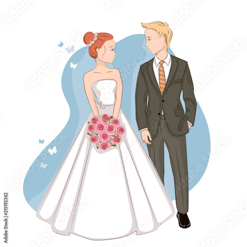 Wedding invitation with beautiful bride with bouquet of roses and groom.