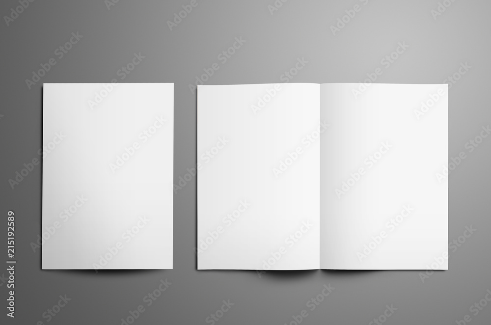 Universal tempalte with two white A4, (A5) bi-fold brochures isolated on gray background. Universal tempalte with two white A4, (A5) bi-fold brochures isolated on gray background.