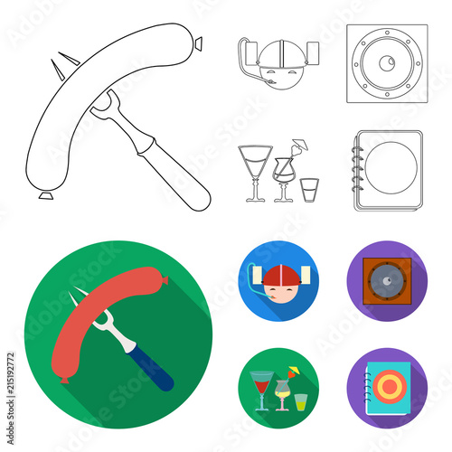 Fried sausage, beer helmet, cocktails, speaker.Pub set collection icons in outline,flat style vector symbol stock illustration web.