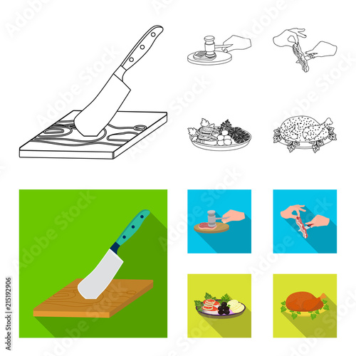 Cutlass on a cutting board, hammer for chops, cooking bacon, eating fish and vegetables. Eating and cooking set collection icons in outline,flat style vector symbol stock illustration web.