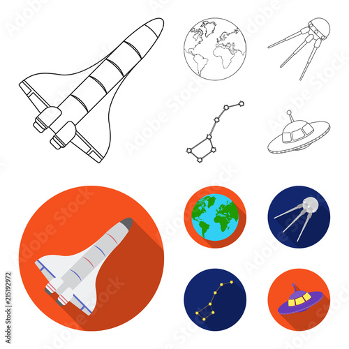 Planet Earth with continents and oceans, flying satellite, Ursa Major, UFO. Space set collection icons in outline,flat style vector symbol stock illustration web.