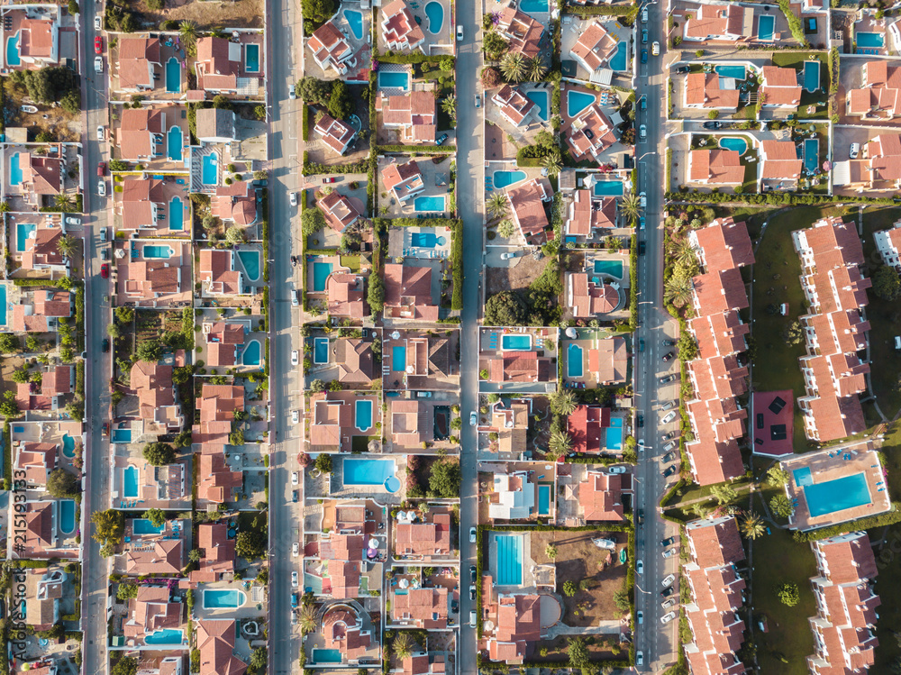 Drone Aerial Above Houses With Pools Spain Balearic Island Menorca