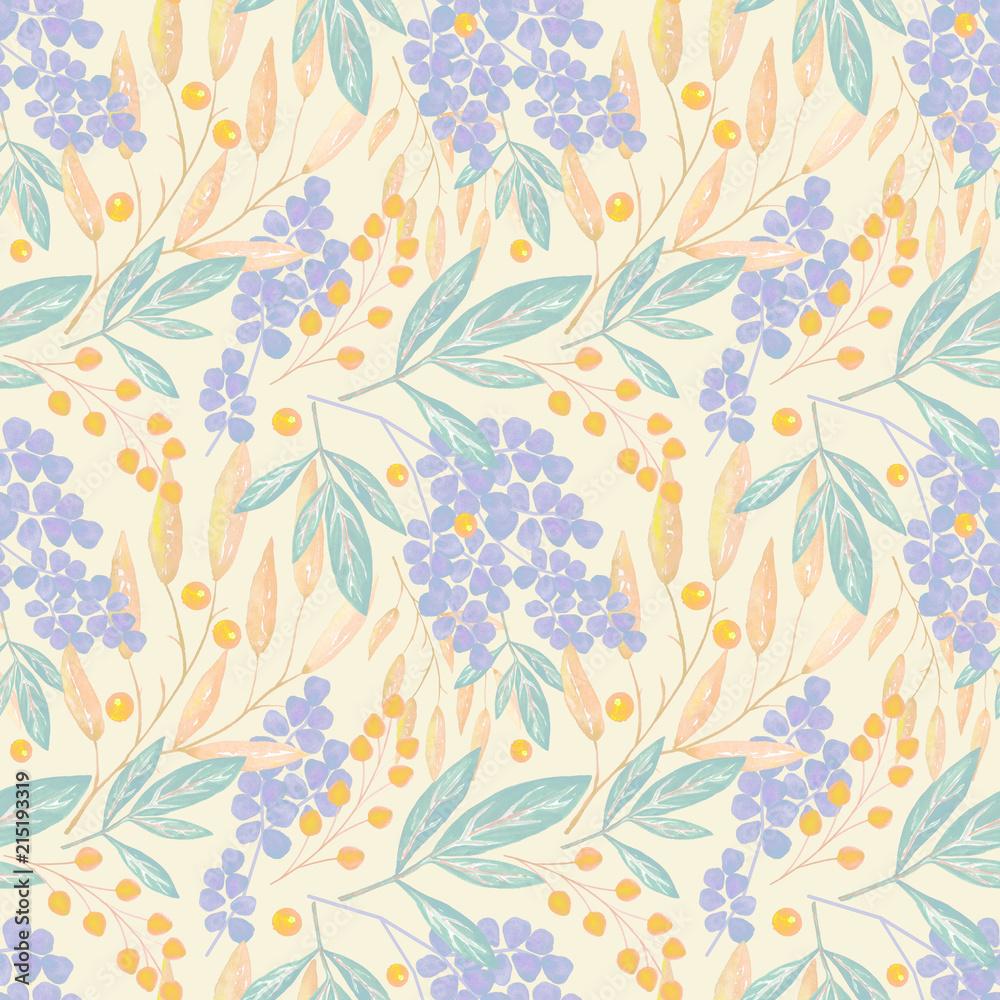 Seamless watercolor floral pattern.Flowers, berries on a light yellow background.