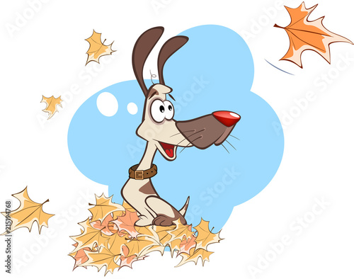  Illustration Funny Dog Playing in Leaves 