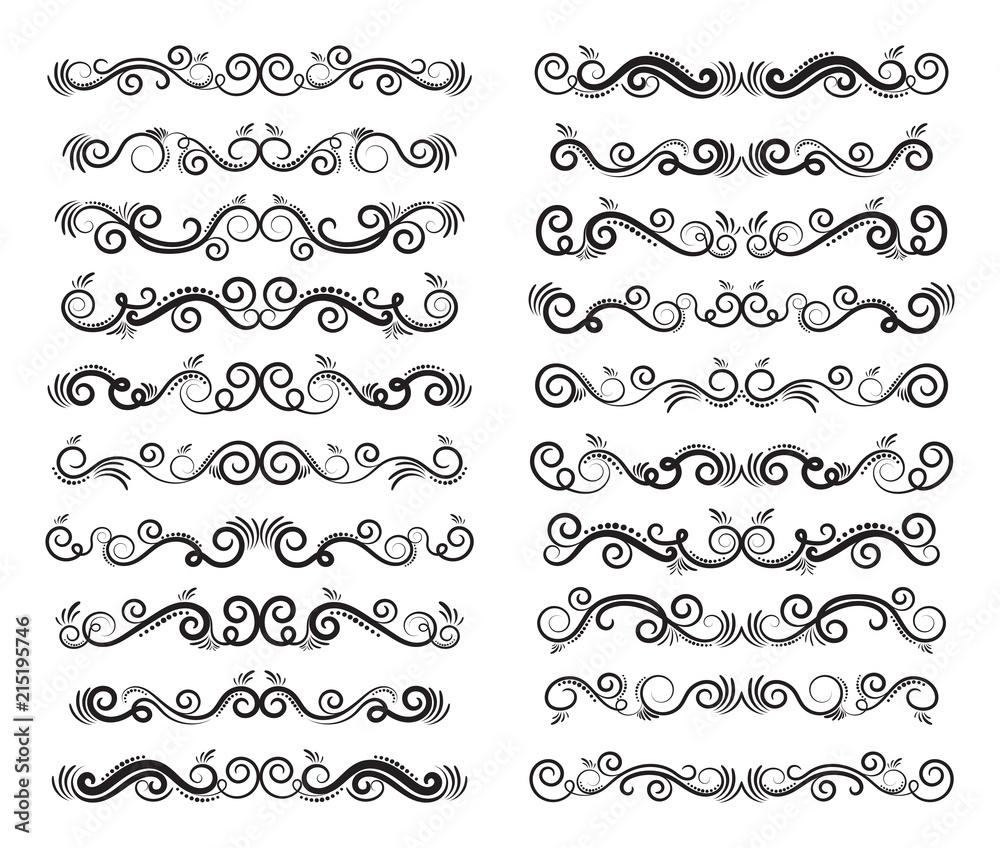 Swirl set of vector graphic elements for design, postcard, menu, wedding invitation, romantic style. Floral set of curls and scrolls. Vector illustration dividers and borders. Swirl set of vector graphic elements for design, postcard, menu, wedding invitation, romantic style. Floral set of curls and scrolls. Vector illustration dividers and borders.