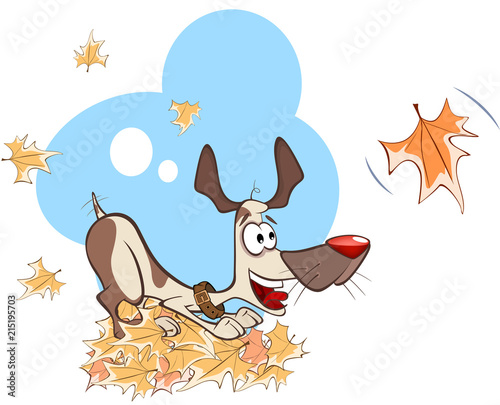  Illustration Funny Dog Playing in Leaves 