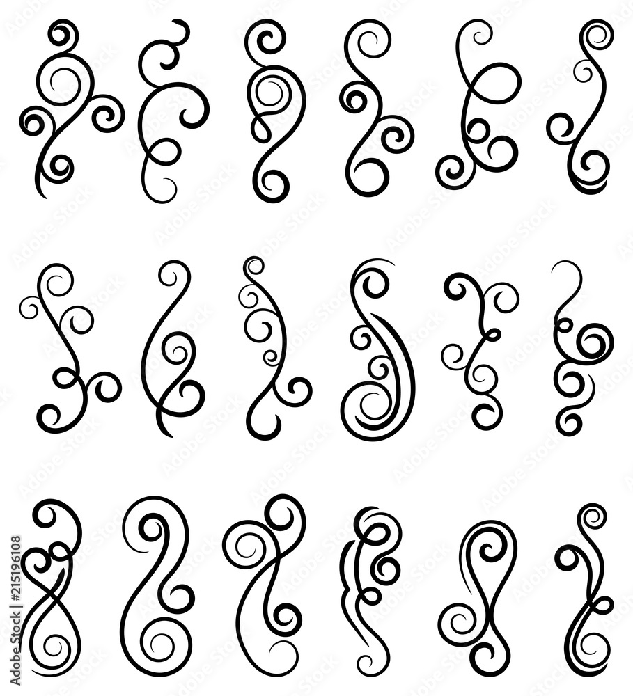Curls and scrolls set. Decorative elements for frames. Elegant design swirl vector illustration. 