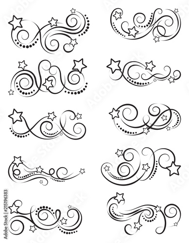 Set of curls and scrolls with stars. Decorative elements for frames.