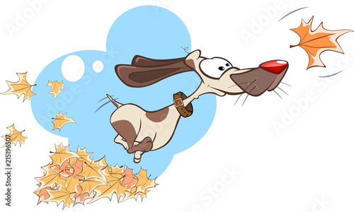  Illustration Funny Dog Playing in Leaves 
