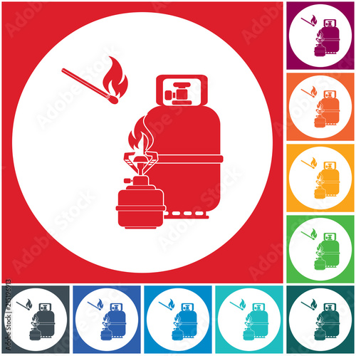 Camping stove with gas bottle icon vector