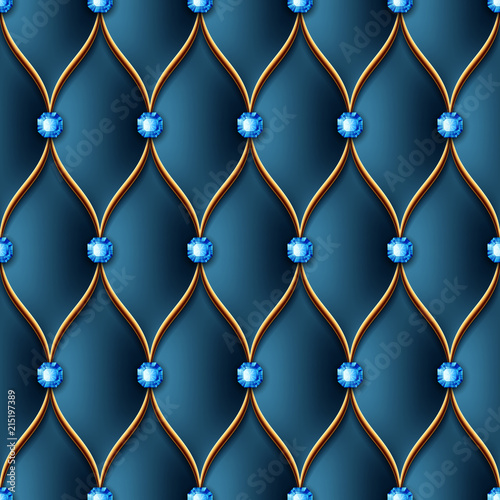 Leather upholstery seamless pattern with golden thread and gems. Vector Illustration