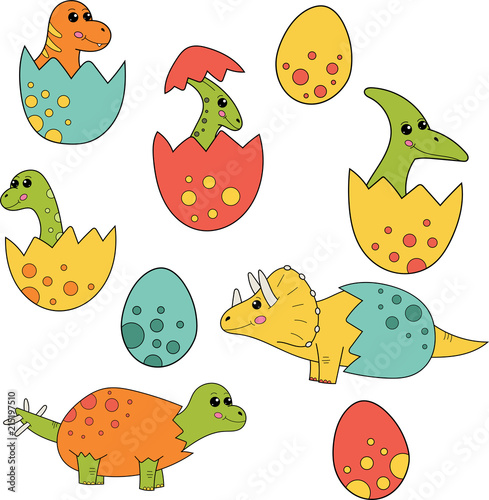 Cute cartoon dinosaurs baby in eggs. Vector set include: Ankylosaurus, Brachiosaurus, Parasaurolophus, Pterodactylus, Spinosaurus, Stegosaurus, Triceratops, Tyrannosaurus Rex.