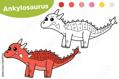 Coloring page for kids dinosaur Ankylosaurus. Hand drawn cartoon character. Vector illustration.