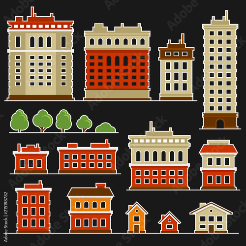 City Building Flat Style Icons Set. Vector