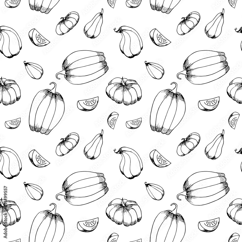 Hand drawn pumpkins pattern.Different kinds of pumpkins.Autumn pattern background. Monochrome, black and white. Vector illustration. Hand drawn pumpkins pattern.Different kinds of pumpkins.Autumn pattern background. Monochrome, black and white. Vector illustration.