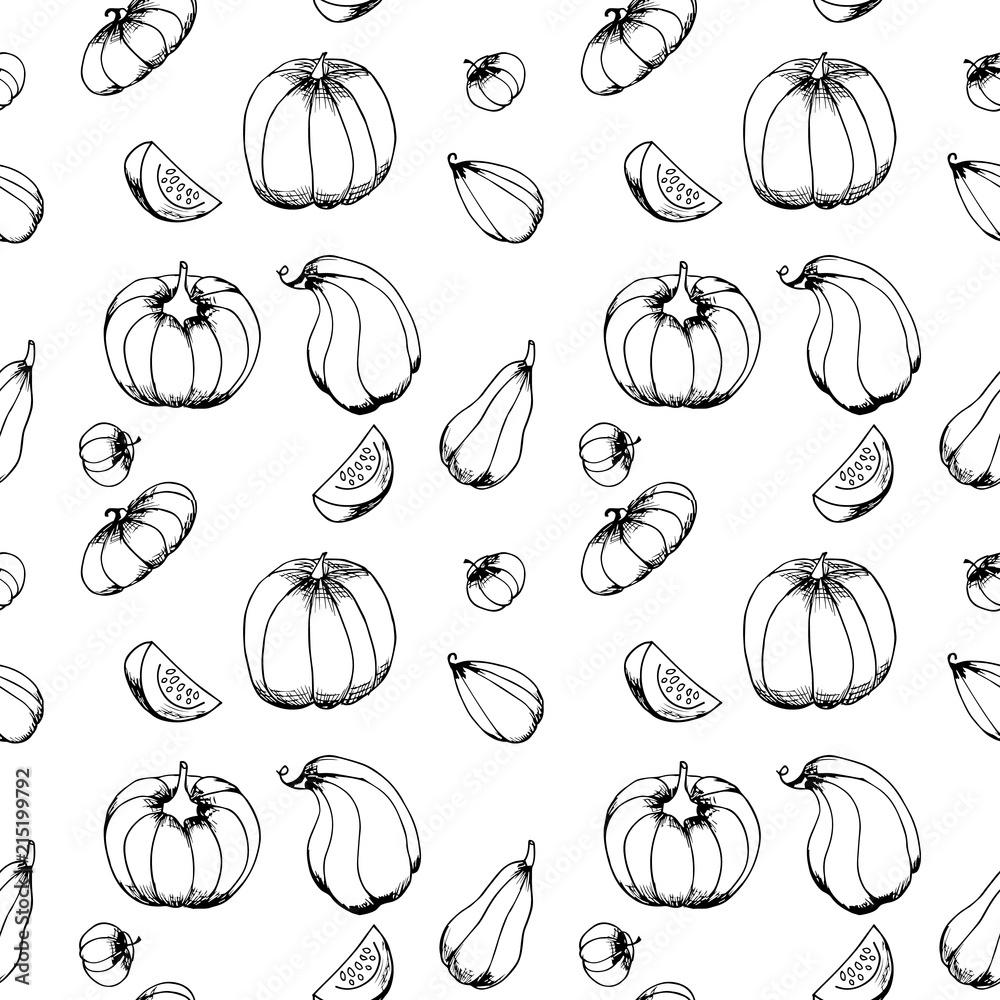 Hand drawn pumpkins pattern.Different kinds of pumpkins.Autumn pattern background. Monochrome, black and white. Vector illustration. Hand drawn pumpkins pattern.Different kinds of pumpkins.Autumn pattern background. Monochrome, black and white. Vector illustration.
