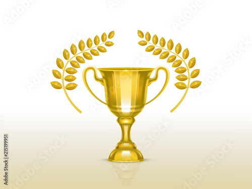 Vector 3d realistic cup with olive, laurel branches, golden trophy for winner of competition, championship. Shiny gold metal goblet. Reward, prize isolated on white background. Achievement design