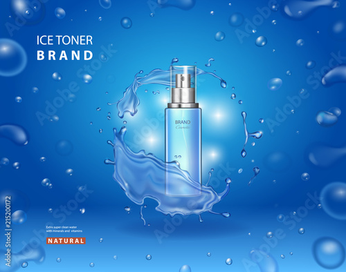 Ice toner advetising on blue. Cosmetic spray bottle design for ads with drops and shiny splash