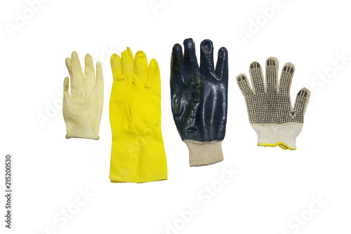 assorted protective gloves of rubber and cloth materials, for household, gardening and cleaning, isolated on white, with clipping path photo