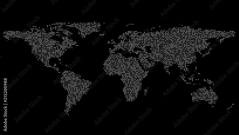 Digital World Map.

Map of the world made from circles and dots representing binary code. Loops.