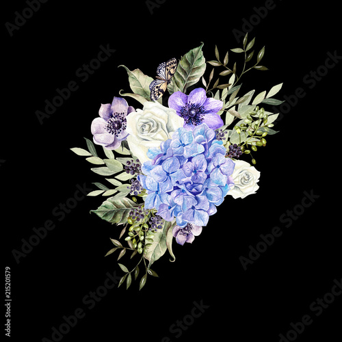 A beautiful watercolor bouquet with anemone, rose and hudrangea flowers.