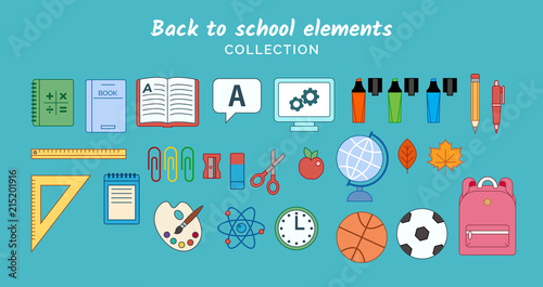 Back to school flat elements collection. Different school elements, books, notes, pens, pencils, markers, rulers, backpack, clock, ball. Vector illustration template