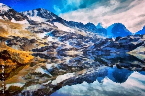 Hand drawing watercolor art on canvas. Artistic big print. Original modern painting. Acrylic dry brush background. Beautiful mountain landscape with a wild lake.     