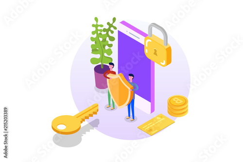 GDPR, Data Protection isometric concept, Network data, Internet security, Secure bank transaction.    Character Vector illustration.