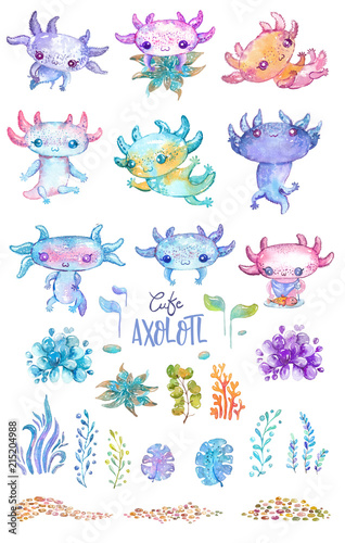 Watercolor cute axolotl characters for kid's design