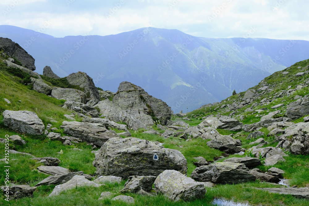 Rumunia, Karpaty Rumuńskie - Góry Fagaras, widok z głazami szlaku w Górach Paltinu