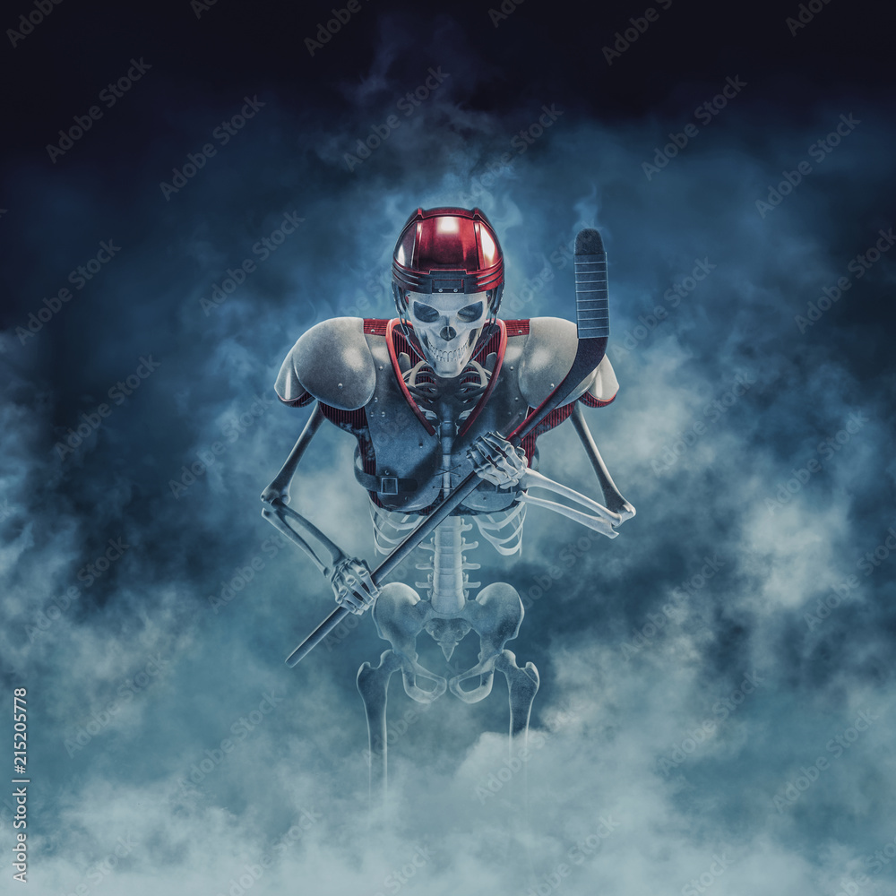 Naklejka premium The phantom hockey player / 3D illustration of scary skeleton with ice hockey stick, helmet and shoulder pads emerging through smoke