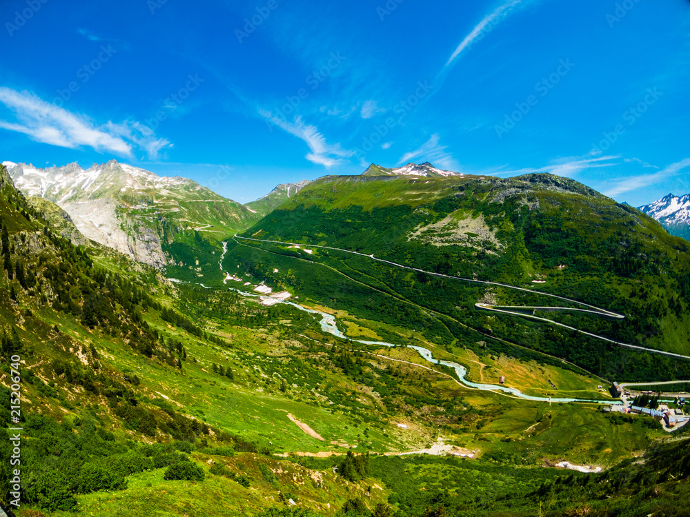 Naklejka premium Summer landscape of Switzerland mountain nature, view to Furkapass