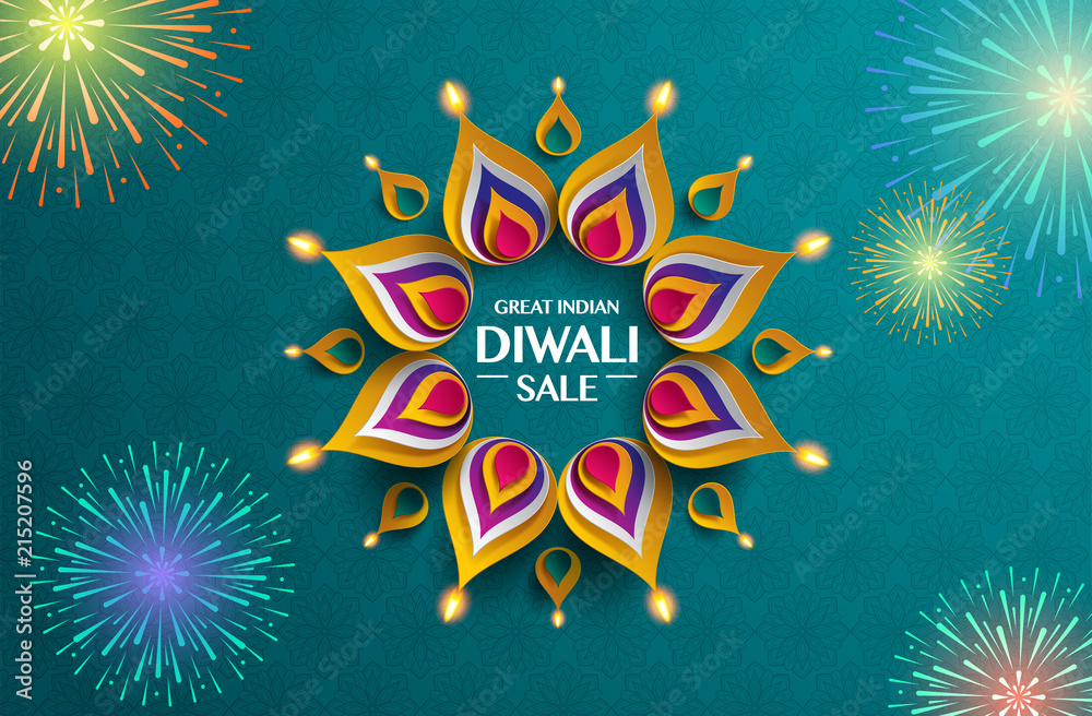 Obraz premium Great Indian Diwali festival big sale. Background with the paper graphic of Indian Rangoli and fireworks.