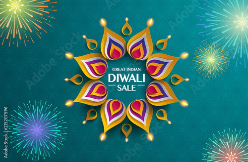 Great Indian Diwali festival big sale. Background with the paper graphic of Indian Rangoli and fireworks.